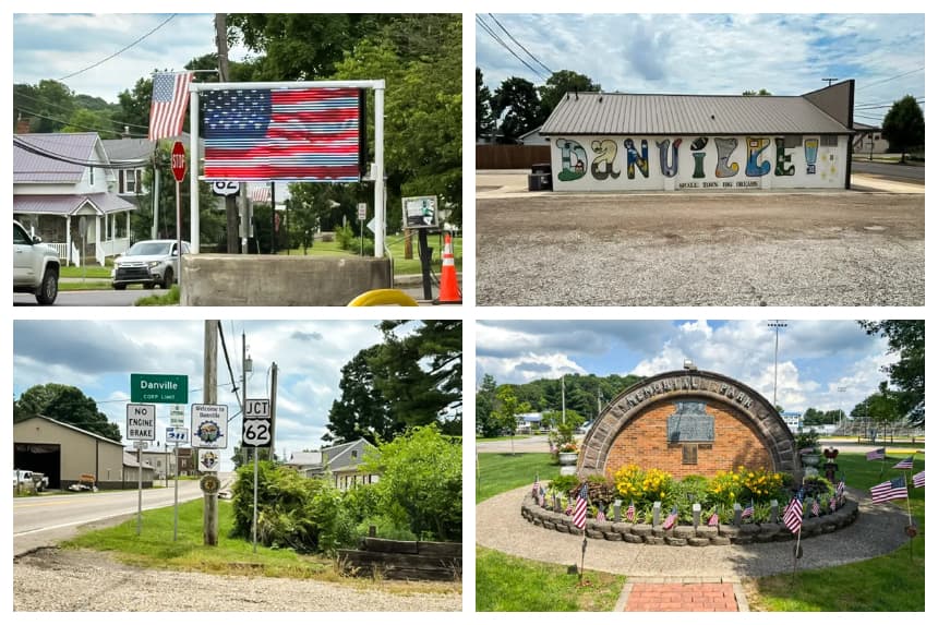 (Arriba a la izquierda) Una bandera estadounidense parpadea en un letrero electrónico frente a una gasolinera en una esquina de la zona rural de Danville, Ohio, el 25 de junio de 2026. (Arriba a la derecha) Un negocio local muestra el orgullo por su ciudad natal en Danville, Ohio, el 25 de junio de 2026. La ciudad, de unos 1000 habitantes, saltó a la fama nacional después de que Tycen Proper, residente de Danville, fuera acusado de presuntamente conspirar para llevar a cabo un ataque durante el evento de la Ultimate Fighting Championship en la Casa Blanca. (Abajo a la izquierda) Un letrero da la bienvenida a los visitantes a Danville, Ohio, el 25 de junio de 2026. (Abajo a la derecha) El Memorial Park de Danville cuenta con un cañón y banderas, en Danville, Ohio, el 25 de junio de 2026. La localidad es el centro de una investigación federal sobre una conspiración para derrocar al gobierno en la que están involucrados acusados de siete estados. (Tom Gantert/The Epoch Times)