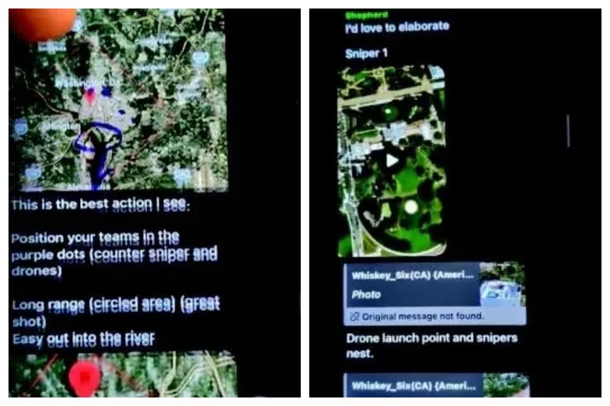 (Izquierda) Una captura de pantalla de una denuncia presentada en el Distrito Central de California muestra mensajes y mapas en el teléfono de Tycen Proper. Proper y un grupo de colaboradores presuntamente planeaban utilizar drones cargados de explosivos para forzar una evacuación masiva durante el evento de la Ultimate Fighting Championship en la Casa Blanca, lo que permitiría a francotiradores apostados disparar contra los asistentes que huyeran. (Derecha) Una captura de pantalla de una denuncia presentada en el Distrito Central de California muestra mensajes y mapas en el teléfono de Tycen Proper. Según el Departamento de Justicia, el grupo presuntamente planeaba utilizar el río Potomac como ruta de escape. (Departamento de Justicia)