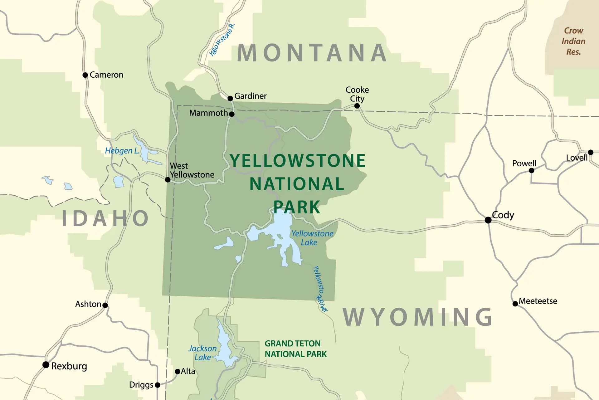 Un mapa muestra el Parque Nacional de Yellowstone y sus alrededores. El parque abarca más de 3400 millas cuadradas. (Ilustración de The Epoch Times, Shutterstock).