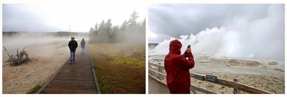 (Arriba) El vapor se eleva desde el manantial Silex en el Parque Nacional de Yellowstone el 31 de mayo de 2026. Para los primeros exploradores, el parque parecía surrealista, una tierra de "fuego y azufre". (Abajo a la izquierda) Los visitantes salen de entre el vapor al terminar un recorrido por la Cuenca Inferior de los Géiseres en el Parque Nacional de Yellowstone el 31 de mayo de 2026. El parque cuenta con más de 500 géiseres activos. (Abajo a la derecha) Un visitante solitario fotografía el géiser Morning en el Parque Nacional de Yellowstone el 31 de mayo de 2026. Aunque rara vez está activo, cuando el géiser Morning entra en erupción, lanza agua a una altura de entre 150 y 200 pies en el aire. (Bobby Sánchez para The Epoch Times).