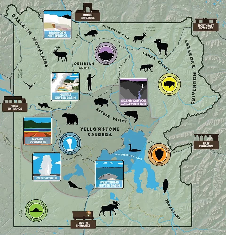 Un mapa muestra las entradas al Parque Nacional de Yellowstone, así como la ubicación general de las maravillas naturales y las áreas en las que con frecuencia se avista vida silvestre. (Servicio de Parques Nacionales).