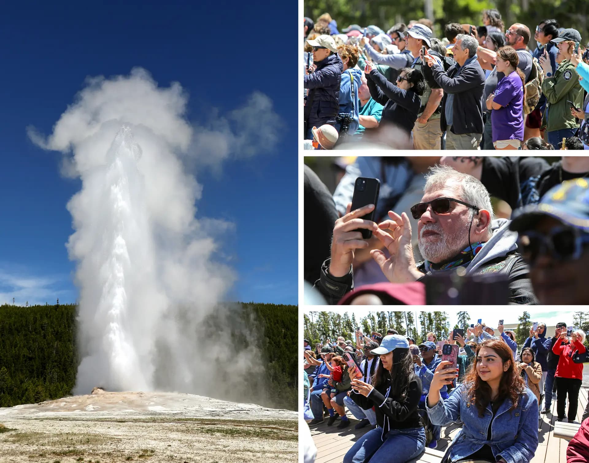 (Izquierda) Old Faithful, un géiser cónico, entra en erupción en el Parque Nacional de Yellowstone el 2 de junio de 2026. Este géiser entra en erupción con mayor frecuencia que cualquiera de los otros géiseres grandes del parque. (Arriba a la derecha) Los espectadores observan cómo entra en erupción el géiser cónico Old Faithful en el Parque Nacional de Yellowstone el 2 de junio de 2026. Una erupción de Old Faithful puede durar hasta cinco minutos. (Centro derecha) Un espectador toma una fotografía de Old Faithful en el Parque Nacional de Yellowstone el 2 de junio de 2026. El géiser fue bautizado como «El reloj de la eternidad» por los miembros de la Expedición Washburn de 1870, que cartografió la región. (Abajo a la derecha) Kanzul Fatima (a la derecha) y su hermana documentan la erupción de Old Faithful en el Parque Nacional de Yellowstone el 2 de junio de 2026. El géiser lanza agua a una altura de entre 90 pies y 184 pies en el aire cuando entra en erupción. (Bobby Sánchez para The Epoch Times).