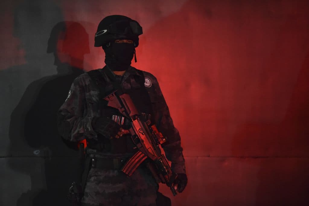 <em>Agentes de policía custodian la llegada de Héctor "el Güero" Palma Salazar, integrante del Cártel de Sinaloa, al aeropuerto internacional de Ciudad de México, el 15 de junio de 2016, después de que las autoridades estadounidenses lo entregaran a México tras cumplir nueve años de prisión en California. (Yuri Cortez/AFP vía Getty Images)</em>
