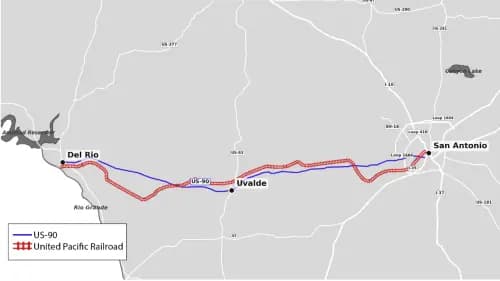 <em>Mapa que muestra la US-90 y el sistema ferroviario de Union Pacific entre Del Rio y San Antonio. (Departamento de Justicia de EE. UU.)</em>