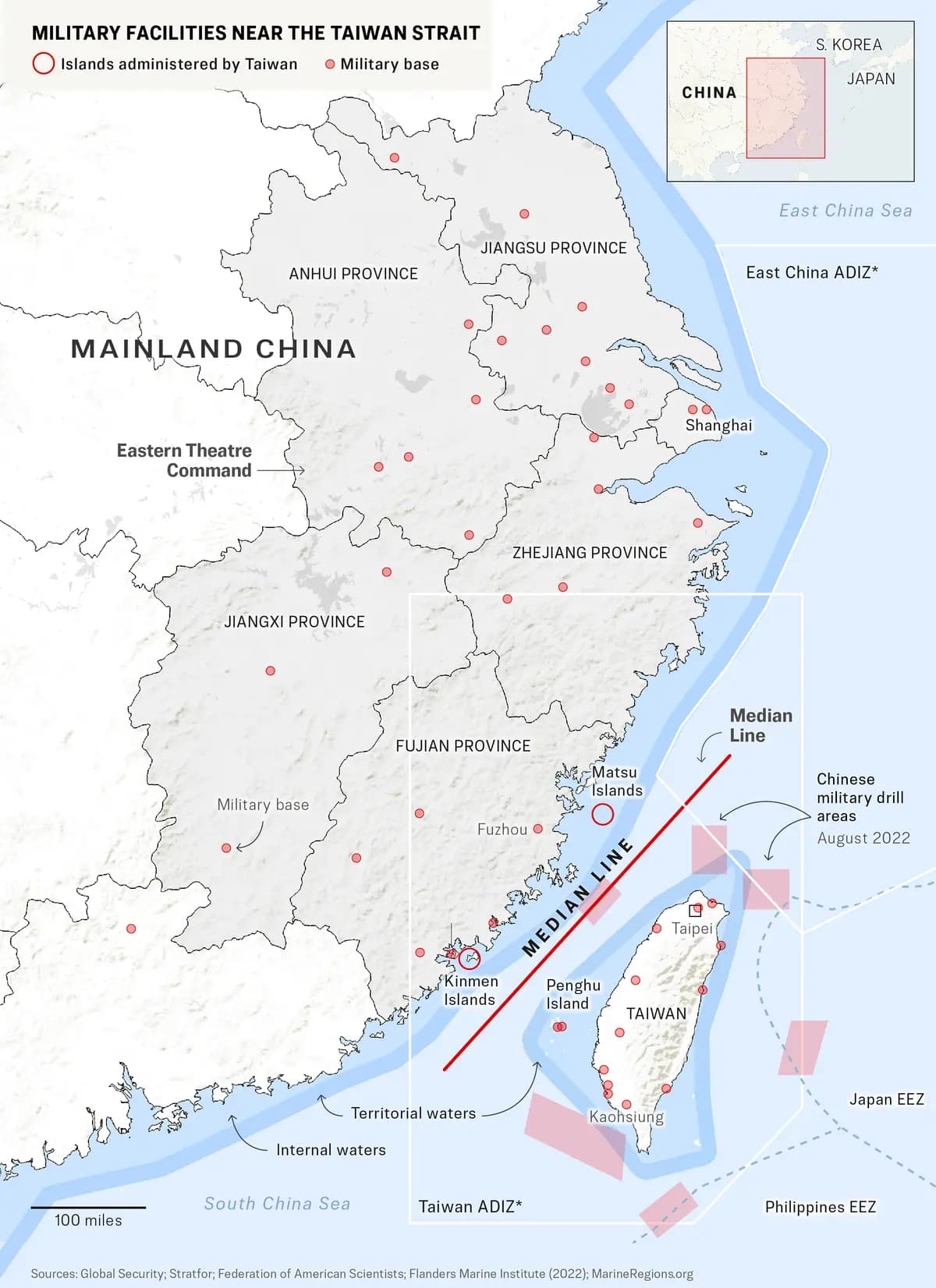 Un mapa muestra la isla de Penghu y Taiwán