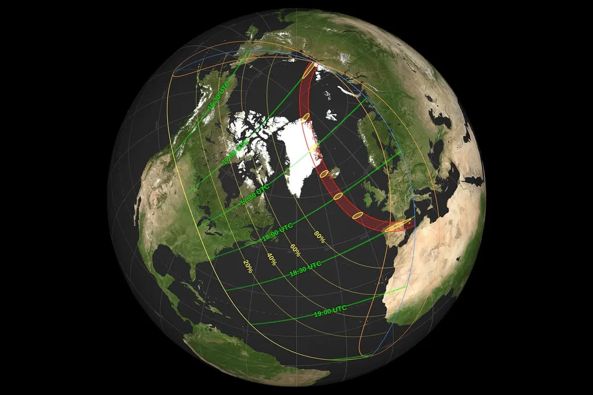 <em>Mapa global que muestra la trayectoria de la sombra del eclipse solar total del 12 de agosto de 2026. (NASA).</em>