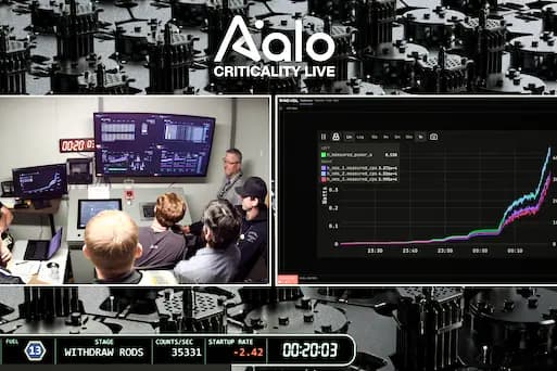 Una captura de pantalla de la transmisión en vivo de Aalo Atomics sobre el momento en que su reactor de prueba alcanzó la criticidad en el Laboratorio Nacional de Idaho, al oeste de Idaho Falls, Idaho, a las 12:20 a. m. del 4 de julio de 2026. Un reactor alcanza la criticidad cuando una reacción nuclear puede sostenerse por sí misma. (Aalo Atomics).