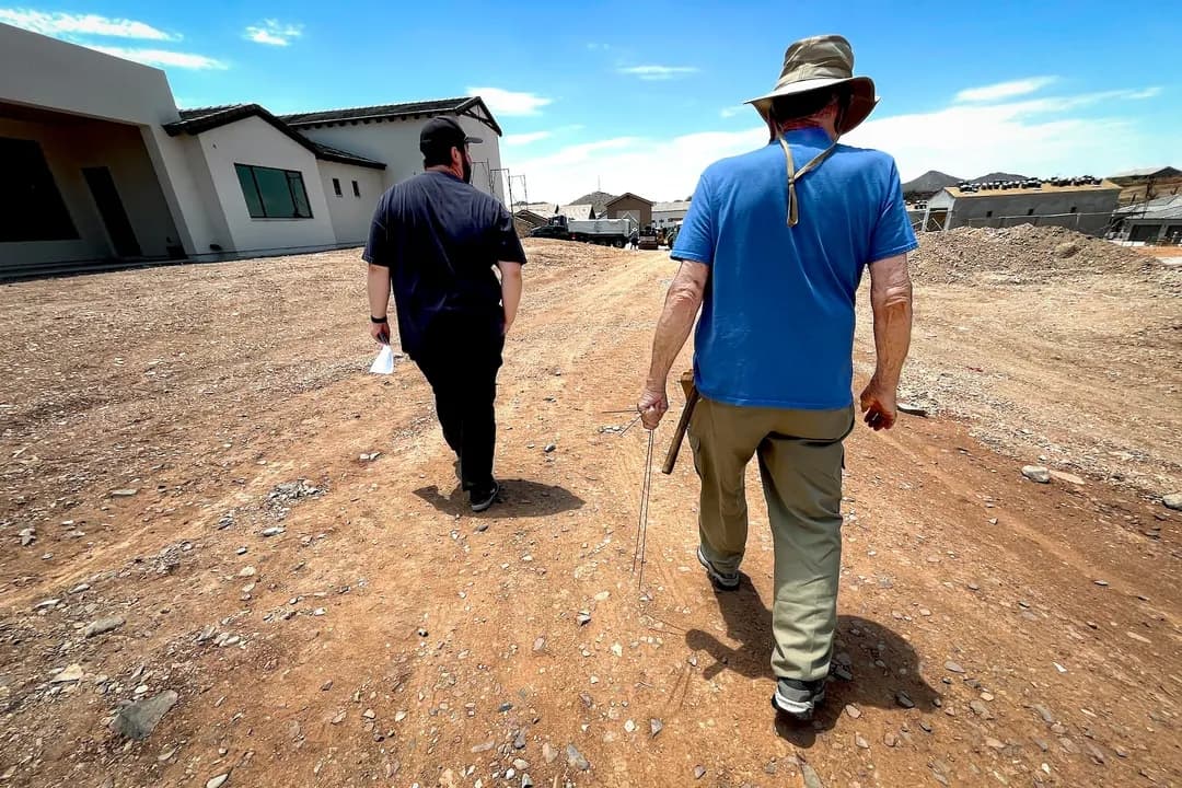 El zahorí de agua profesional Jack Coel (derecha) sigue al gerente de construcción de Diamante Homes, Tanner Cook, hasta el punto de partida donde Coel utilizará métodos tradicionales de radiestesia para buscar fuentes de agua en un sitio de trabajo de cinco acres en Phoenix el 13 de julio de 2026. (Allan Stein/The Epoch Times)