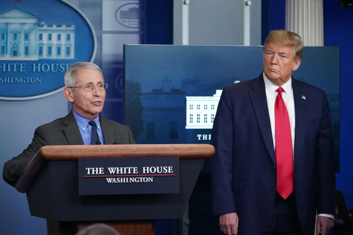 <em>El director del Instituto Nacional de Alergias y Enfermedades Infecciosas, Anthony Fauci (izquierda), habla mientras el entonces presidente Donald Trump escucha, en la Casa Blanca en Washington el 13 de abril de 2020. (Mandel Ngan/AFP vía Getty Images).</em>