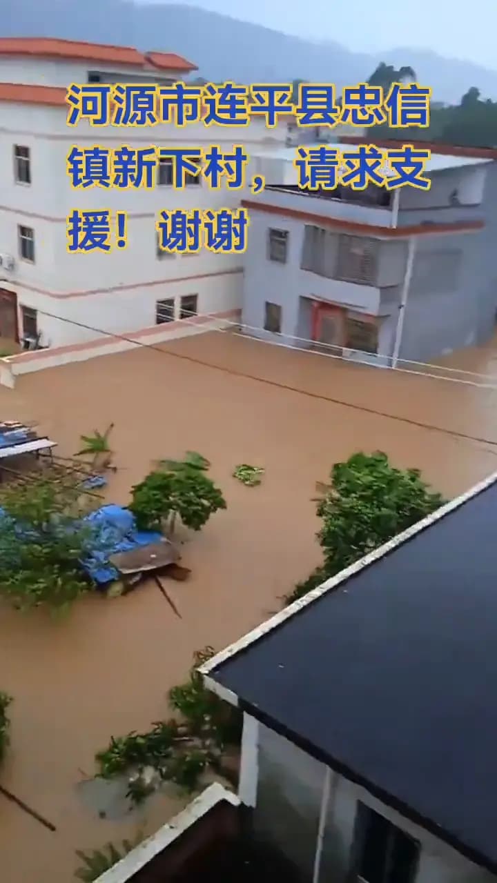 Las aguas de la inundación rodean las viviendas en la aldea de Xinxia, municipio de Zhongxin, condado de Lianping, Heyuan, provincia de Guangdong, el 27 de julio de 2026, mientras el texto de un video grabado por un residente expresa un llamado a la ayuda, compartido por la reportera ciudadana Ying Tang. (Captura de pantalla vía The Epoch Times)