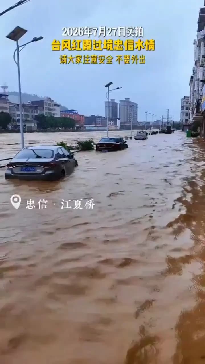 Las aguas de la inundación cubren una carretera y sumergen parcialmente a los vehículos cerca del puente Jiangxia en la localidad de Zhongxin, condado de Lianping, provincia de Guangdong, el 27 de julio de 2026, mientras un texto en el video grabado por un residente insta a la gente a permanecer en sus hogares, compartido por la reportera ciudadana Ying Tang. (Captura de pantalla vía The Epoch Times)