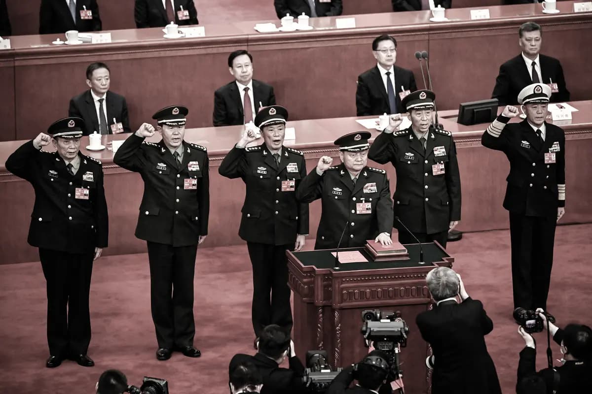 Zhang Youxia (al frente) presta juramento junto a los miembros de la Comisión Militar Central tras su elección durante la cuarta sesión plenaria de la Asamblea Popular Nacional en el Gran Salón del Pueblo en Beijing el 11 de marzo de 2023; la mayoría de ellos han sido destituidos desde entonces. (Greg Baker/Pool/AFP vía Getty Images)