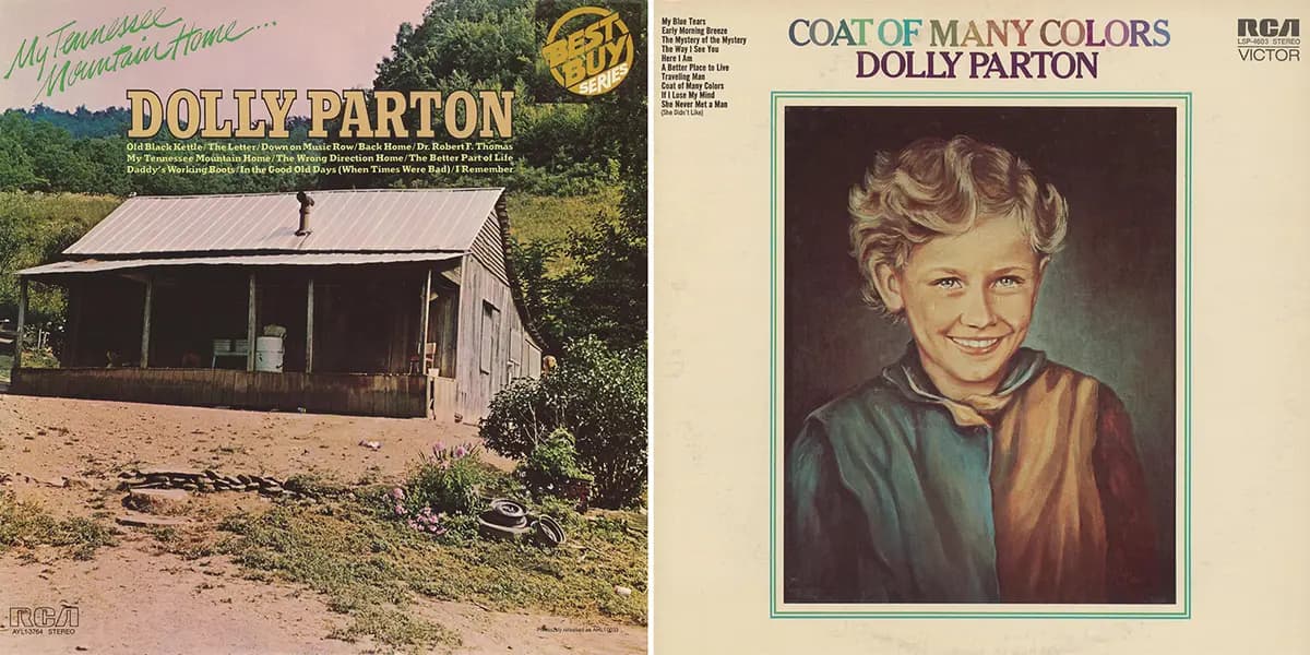 (Izquierda) La casa que aparece en la portada del álbum de Dolly Parton de 1973, "My Tennessee Mountain Home", fue la residencia de la familia Parton desde finales de la década de 1940 hasta principios de la década de 1950. (Derecha) La portada del álbum de Parton de 1971, "Coat Of Many Colors", se basó en una fotografía de su infancia, tomada cuando tenía 7 años y en la que aparece con su abrigo de retazos. Internet Archive. (Dominio público).