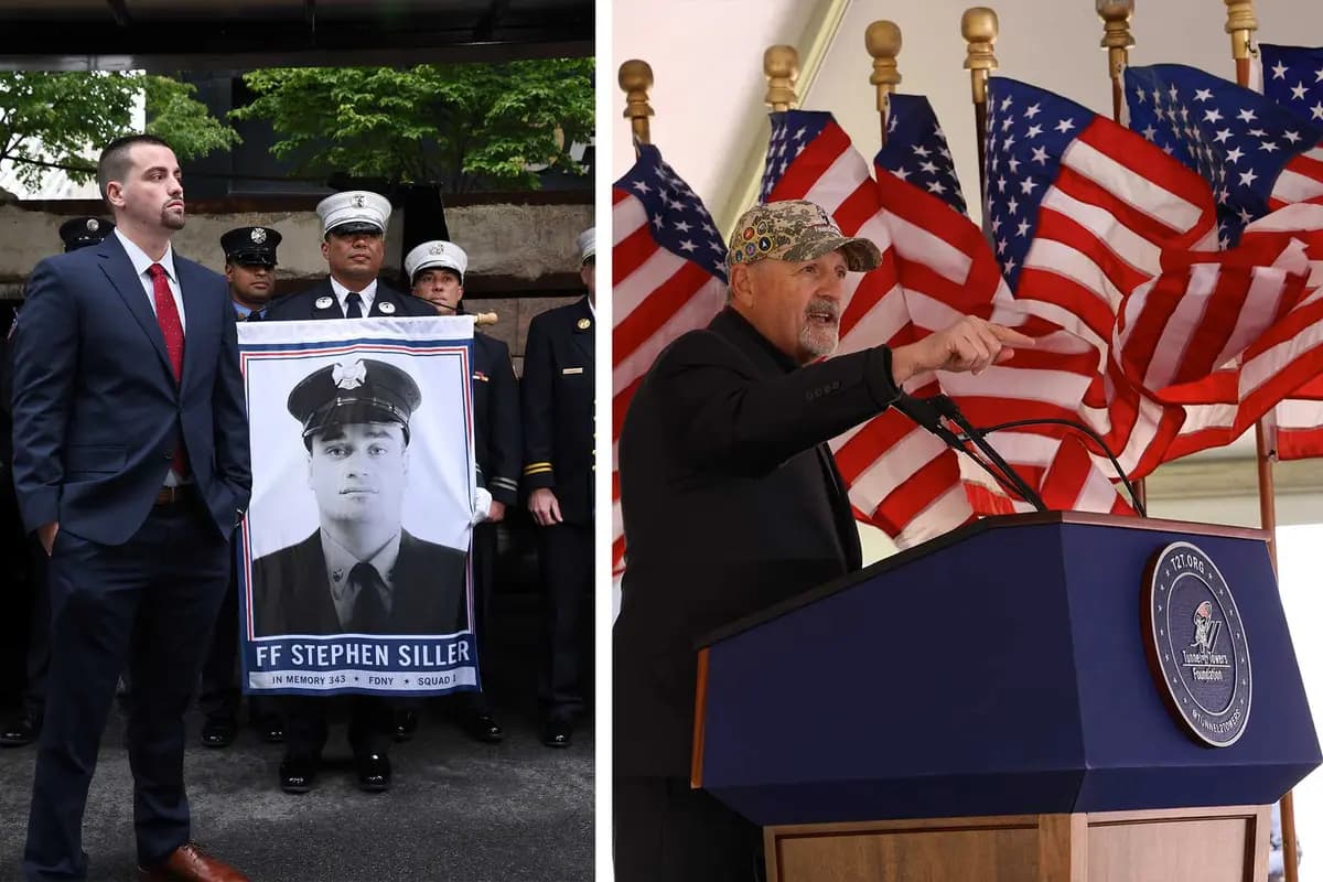 (Izquierda) Stephen Siller Jr. rinde homenaje a su padre, el bombero Stephen Siller, y a los demás que fallecieron en los ataques del 11 de septiembre; (Derecha) Frank Siller, director ejecutivo de Tunnel to Towers. (Tunnel to Towers)