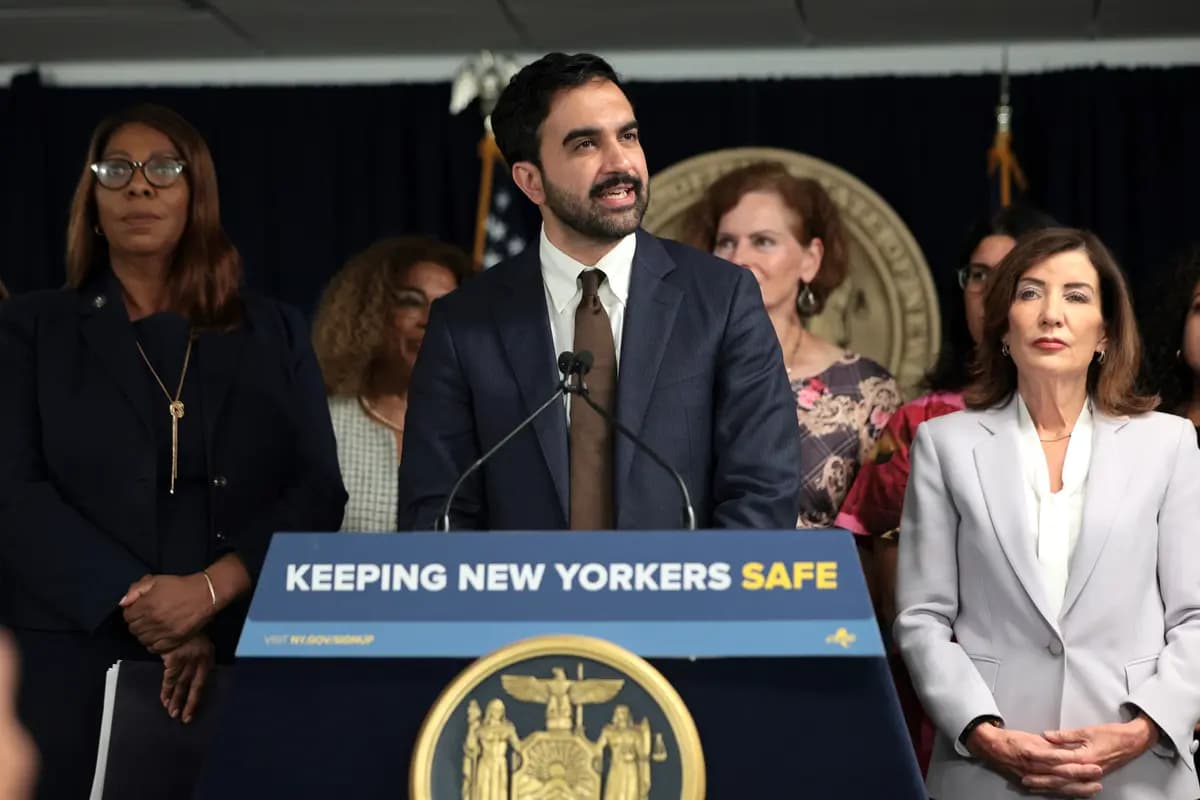 <em>El alcalde de la ciudad de Nueva York, Zohran Mamdani, habla mientras la fiscal general de Nueva York, Letitia James (izquierda), y la gobernadora de Nueva York, Kathy Hochul (derecha), escuchan durante una conferencia de prensa sobre las acciones del Servicio de Inmigración y Control de Aduanas (ICE) en la ciudad de Nueva York el 12 de agosto de 2026. (Michael M. Santiago/Getty Images).</em>