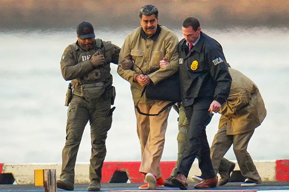 Nicolás Maduro y su esposa, Cilia Flores (atrás), son escoltados por agentes federales tras aterrizar en un helipuerto de Manhattan, mientras se dirigen a un vehículo blindado en camino hacia un tribunal federal en la ciudad de Nueva York el 5 de enero de 2026. (XNY/Star Max/GC Images)