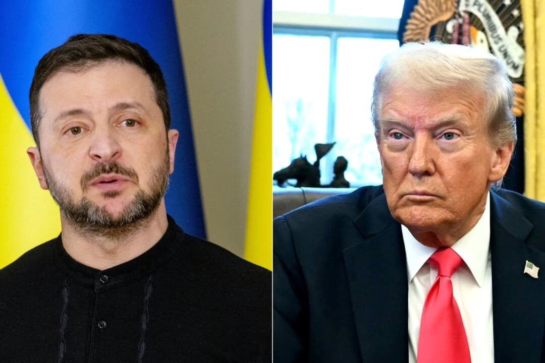 (Izq.) El presidente ucraniano, Volodímir Zelenski, el 12 de febrero de 2025. (Dcha.) El presidente estadounidense, Donald Trump, el 25 de febrero de 2025. (Tetiana Dzhafarova y Jim Watson/AFP vía Getty Images)