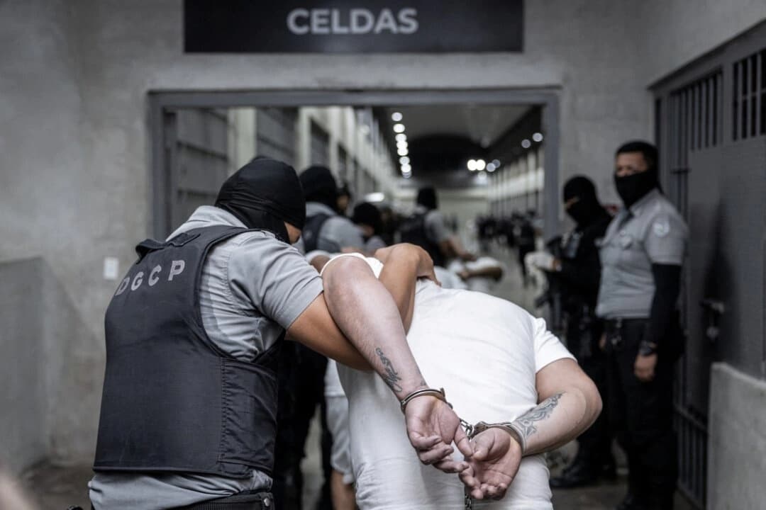 Agentes de la policía salvadoreña escoltan a presuntos miembros de la banda Tren de Aragua, recientemente deportados por el gobierno de EE. UU. para ser encarcelados en la prisión del Centro de Confinamiento de Terrorismo (CECOT), como parte de un acuerdo con el gobierno salvadoreño, en Tecoluca, El Salvador, el 16 de marzo de 2025. (Secretaria de Prensa de la Presidencia/Folleto vía Reuters)
