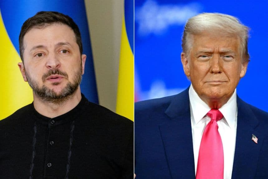 El presidente de Ucrania, Volodímir Zelenski (izq.), el 12 de febrero de 2025, y el presidente de Estados Unidos, Donald Trump, el 22 de febrero de 2025. (Tetiana Dzhafarova, Alex Wroblewski/AFP vía Getty Images)