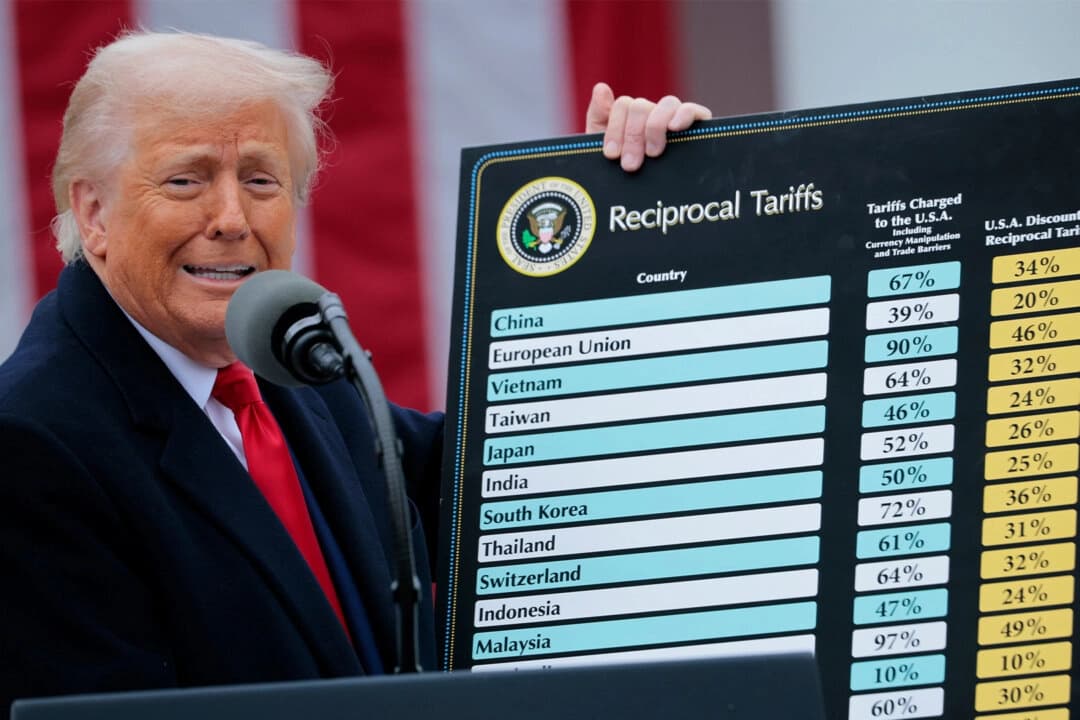 El presidente de Estados Unidos, Donald Trump, sostiene un cuadro de aranceles recíprocos mientras habla durante el evento de anuncios comerciales "Make America Wealthy Again" en el jardín de rosas de la Casa Blanca el 2 de abril de 2025. (Chip Somodevilla /Getty Images)