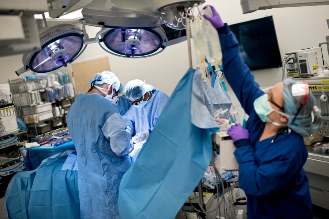 Se implanta un riñón en un paciente receptor durante un trasplante renal en el Hospital Johns Hopkins de Baltimore, Maryland, el 26 de junio de 2012. (Brendan Smialowski/AFP/GettyImages)