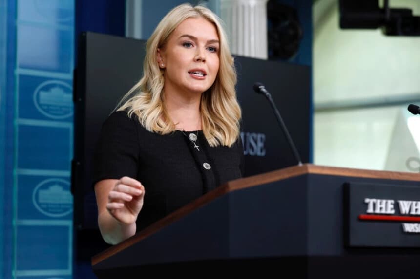 La secretaria de prensa de la Casa Blanca, Karoline Leavitt, habla durante una rueda de prensa en la sala Brady Press Briefing Room de la Casa Blanca, en Washington, D.C., el 28 de agosto de 2025. (Chip Somodevilla/Getty Images)
