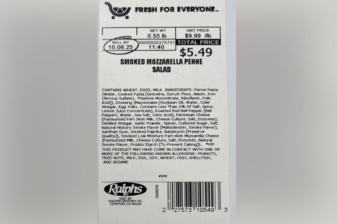 Imagen de la etiqueta del bol de ensalada de pasta retirado de la venta en Kroger. (Cortesía de la FDA)