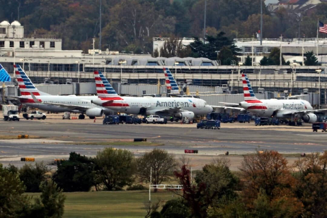 Aviones estacionados en el Aeropuerto Nacional Ronald Reagan de Washington, en Arlington (Virginia), el 28 de octubre de 2025. (Alex Wong/Getty Images)
