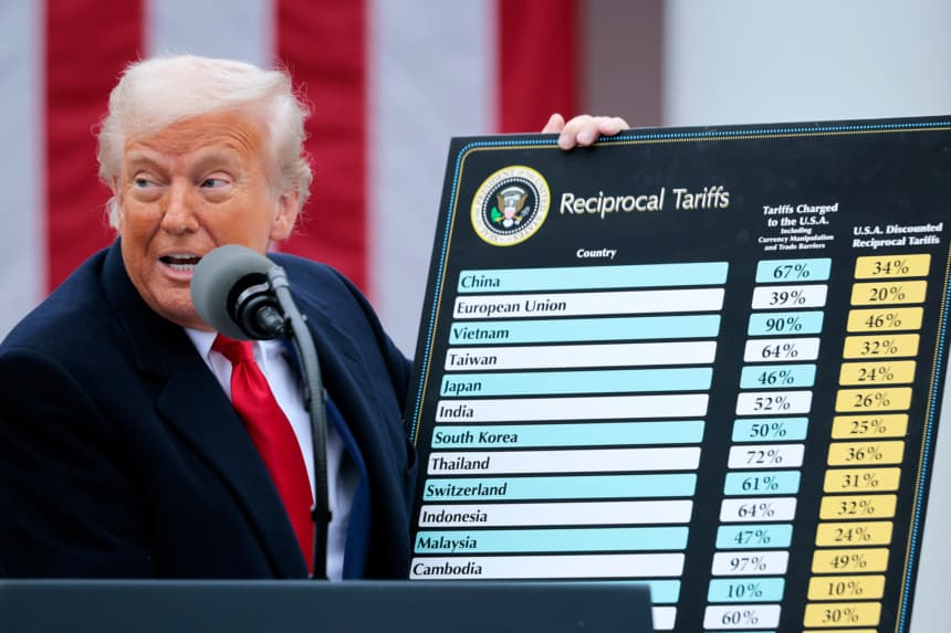 WASHINGTON, DC - 2 DE ABRIL: El presidente de EE. UU., Donald Trump, sostiene una gráfica mientras habla durante un evento de anuncio comercial “Make America Wealthy Again” en el Jardín de las Rosas de la Casa Blanca el 2 de abril de 2025 en Washington, DC. Promocionado como el “Día de la Liberación”, se espera que Trump anuncie aranceles adicionales dirigidos a bienes importados a EE. UU. (Chip Somodevilla/Getty Images)