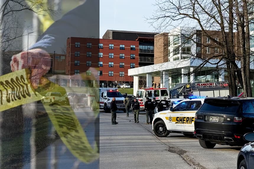 Composición E.T con imagen de Samantha Laurey/AFP en Getty ) y Las fuerzas del orden responden a un tiroteo en el Whitney Moore Young Jr. Hall, en el campus de la Universidad Estatal de Kentucky, en Frankfort, Kentucky, el martes 9 de diciembre de 2025. (Hannah Brown/The State Journal vía AP).