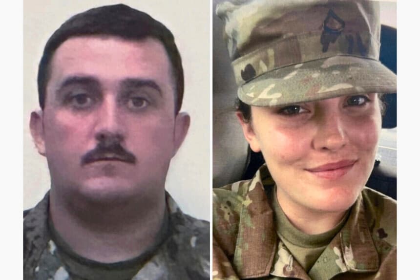 (Izquierda) Miembro de la Guardia Nacional, sargento Andrew Wolfe. (Derecha) Especialista Sarah Beckstrom, miembro de la Guardia Nacional. (Oficina del F).iscal de EE. UU. vía AP