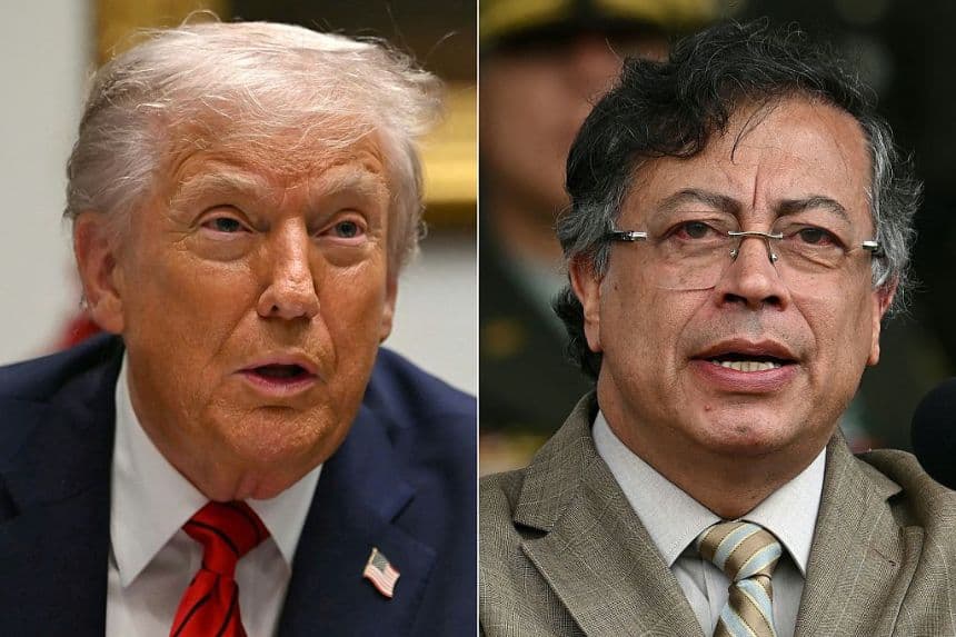 Esta combinación de imágenes creada el 10 de diciembre de 2025 muestra al presidente de los Estados Unidos, Donald Trump (Izq.), hablando durante una mesa redonda en la Sala Roosevelt de la Casa Blanca en Washington D. C., el 10 de diciembre de 2025, y al presidente de Colombia, Gustavo Petro, pronunciando un discurso durante la conmemoración del 134.º aniversario de la Policía Nacional y la promoción de oficiales en la Academia de Policía General Santander en Bogotá, el 13 de noviembre de 2025. (ANDREW CABALLERO-REYNOLDS y Raúl ARBOLEDA/AFP a través de Getty Images)