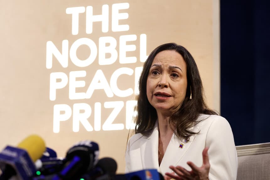 Nobel peace prize laureate Maria Corina Machado addresses a press conference at the Grand Hotel in Oslo, Norway, on December 11, 2025. (Odd ANDERSEN / AFP via Getty Images)
