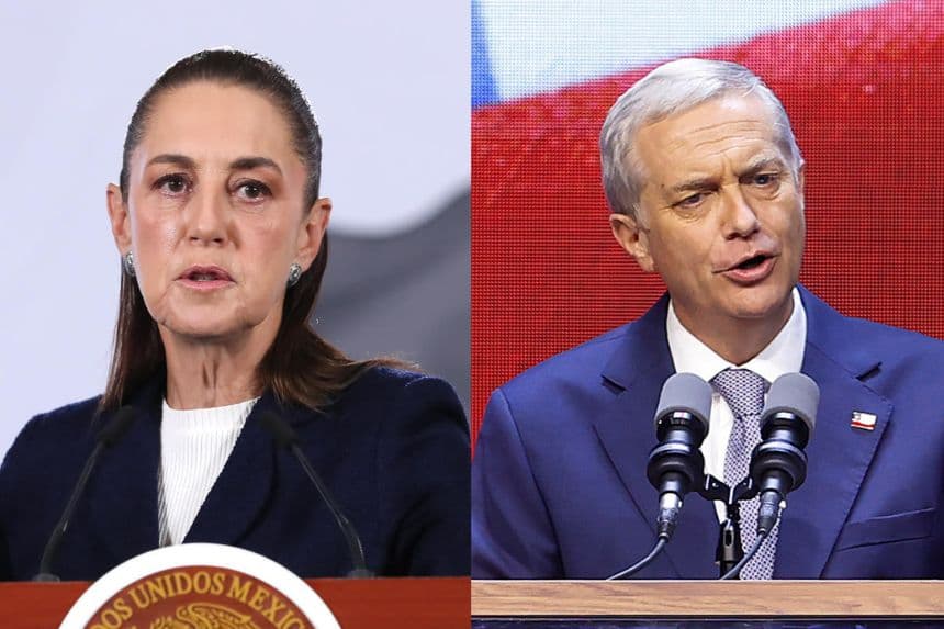 La presidenta de México, Claudia Sheinbaum, habla durante una rueda de prensa este lunes, en el Palacio Nacional de Ciudad de México, México. EFE/ Mario Guzmán. / El presidente electo de Chile, el derechista José Antonio Kast, pronuncia un discurso este domingo, en Santiago (Chile). EFE/ Elvis González.