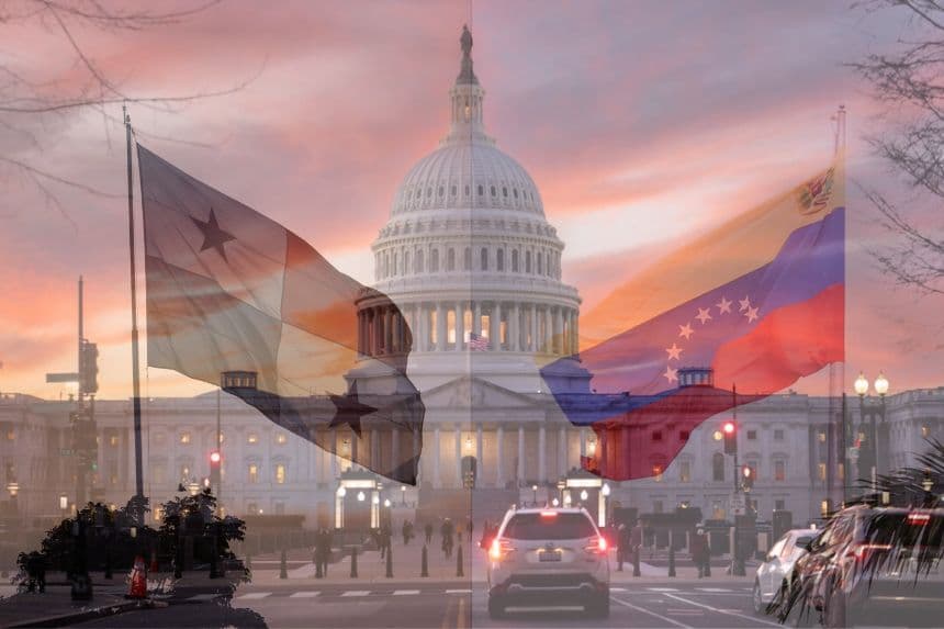 Composición de The Epoch Times. El Capitolio de Estados Unidos al atardecer en Washington el 12 de enero de 2026. (Madalina Kilroy/The Epoch Times); Una bandera panameña ondea el 1 de julio de 2024, en la ciudad de Panamá, Panamá. (Enea Lebrun/Getty Images); Vista de la bandera de Venezuela en lo alto del Palacio Federal Legislativo el 15 de enero de 2026, en Caracas, Venezuela. (Jesús Vargas/Getty Images)