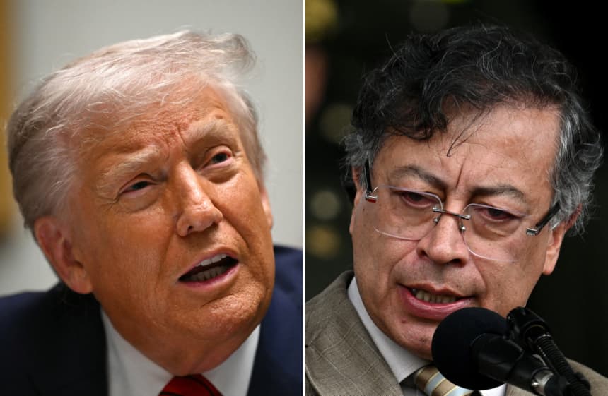 Esta combinación de imágenes, creada el 10 de diciembre de 2025, muestra al presidente de Estados Unidos, Donald Trump (izq.), hablando durante una mesa redonda en la Sala Roosevelt de la Casa Blanca en Washington, DC, el 10 de diciembre de 2025; y al presidente de Colombia, Gustavo Petro, pronunciando un discurso durante la conmemoración del 134.º aniversario de la Policía Nacional y el ascenso de oficiales en la Escuela de Cadetes General Santander en Bogotá, el 13 de noviembre de 2025. (ANDREW CABALLERO-REYNOLDS y Raul ARBOLEDA / AFP via Getty Images)