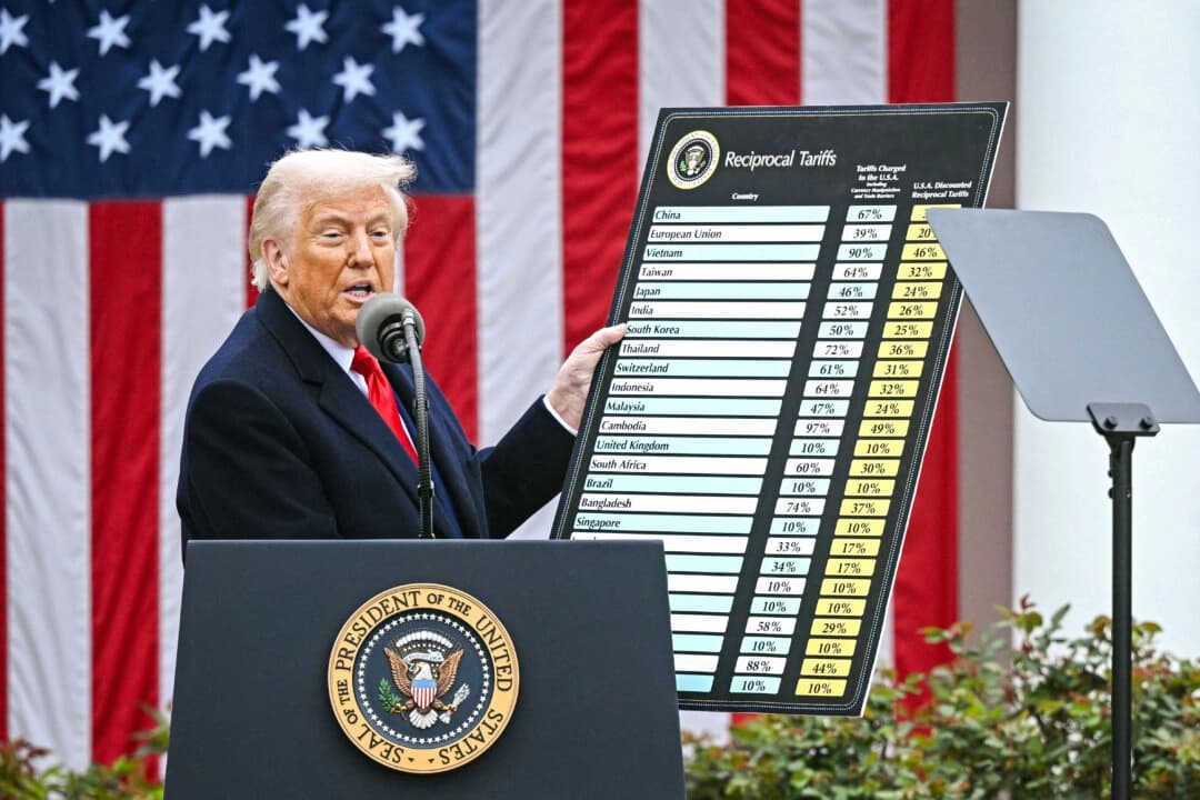 El presidente Donald Trump sostiene un gráfico mientras pronuncia unas palabras sobre los aranceles recíprocos durante su evento "Día de la Liberación" en el Jardín de las Rosas de la Casa Blanca, el 2 de abril de 2025. (Brendan Smialowski/AFP a través de Getty Images)