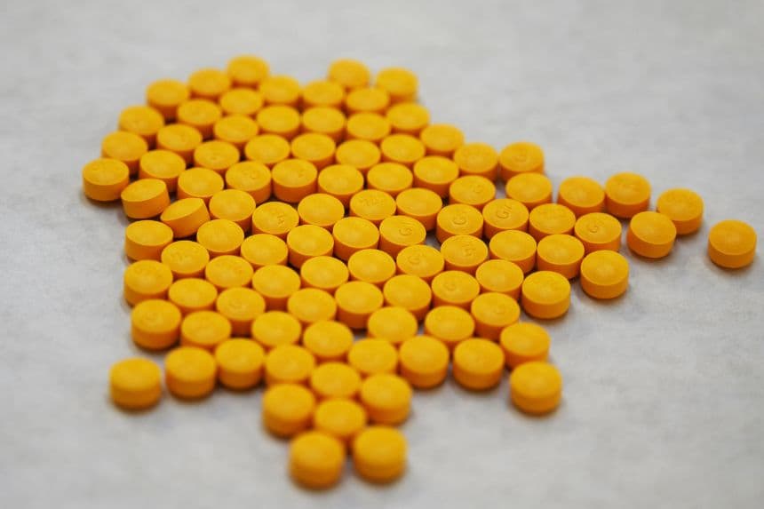 El 8 de octubre de 2019, se exhiben en el Laboratorio Regional del Noreste de la Administración para el Control de Drogas (DEA), en Nueva York, unos comprimidos que se cree que contienen fentanilo. (DON EMMERT/AFP vía Getty Images)