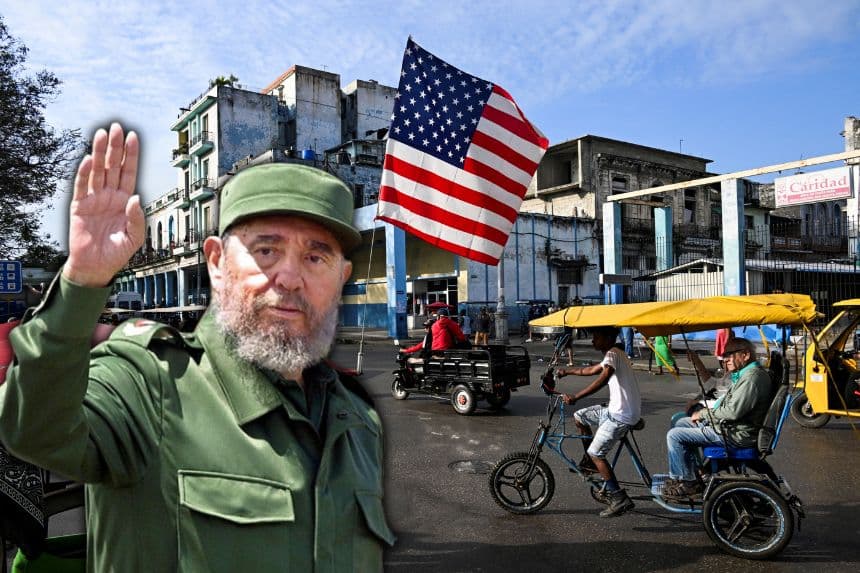 Izq: El presidente cubano Fidel Castro llega a Santa Elena de Uairén, Venezuela, el 13 de agosto de 2001; Fondo: Un triciclo usado como taxi luce la bandera de Estados Unidos en La Habana, el 21 de enero de 2025. Composición de The Epoch Times.(ANDREW ALVAREZ/AFP vía Getty Images; YAMIL LAGE/AFP vía Getty Images)