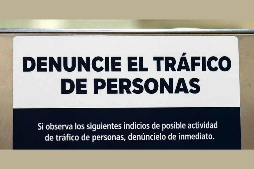 El 3 de julio de 2025 se exhibe un cartel de advertencia sobre la trata de personas en el Aeropuerto Nacional Ronald Reagan de Washington, en Arlington Virginia. (Composición E.T, con imagen de Madalina Kilroy/The Epoch Times).