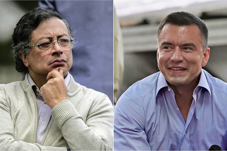 (COMBO) Esta combinación de imágenes, tomada el 29 de abril de 2026, muestra al presidente de Colombia, Gustavo Petro (izquierda), en Bogotá, el 25 de junio de 2025; y al presidente de Ecuador, Daniel Noboa, en Ecuador, el 7 de abril de 2025. (Andrea ARIZA y MARCOS PIN / AFP vía Getty Images)