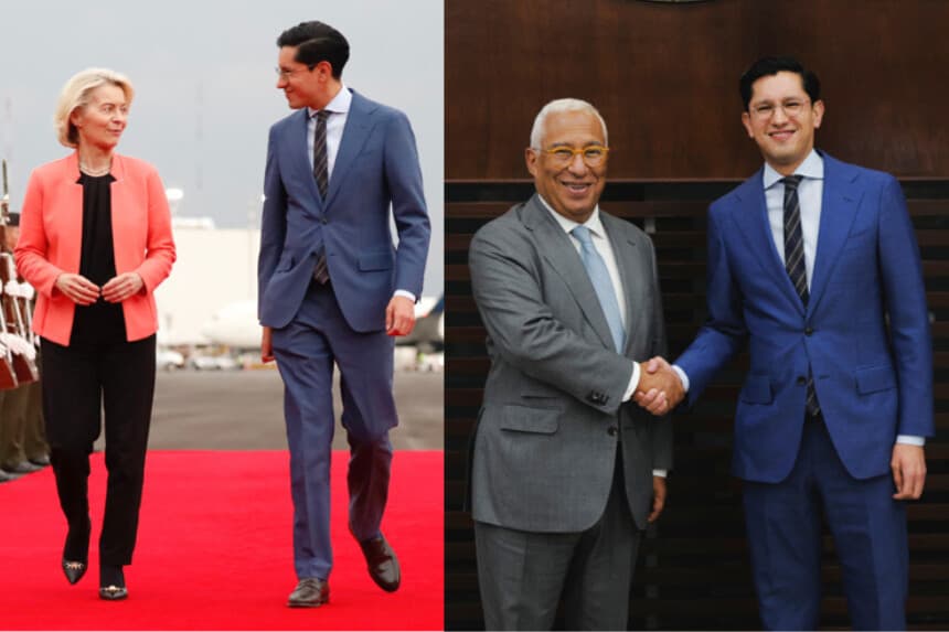 Combo de fotografía cedidas por la Secretaría de Relaciones Exteriores de México (SRE), de su titular Roberto Velasco recibiendo a la presidenta de la Comisión Europea, Ursula von der Leyen (izq) y al presidente del Consejo Europeo, António Costa (der) este miércoles, en el Aeropuerto Internacional de la Ciudad de México. (EFE/ Secretaría de Relaciones Exteriores)