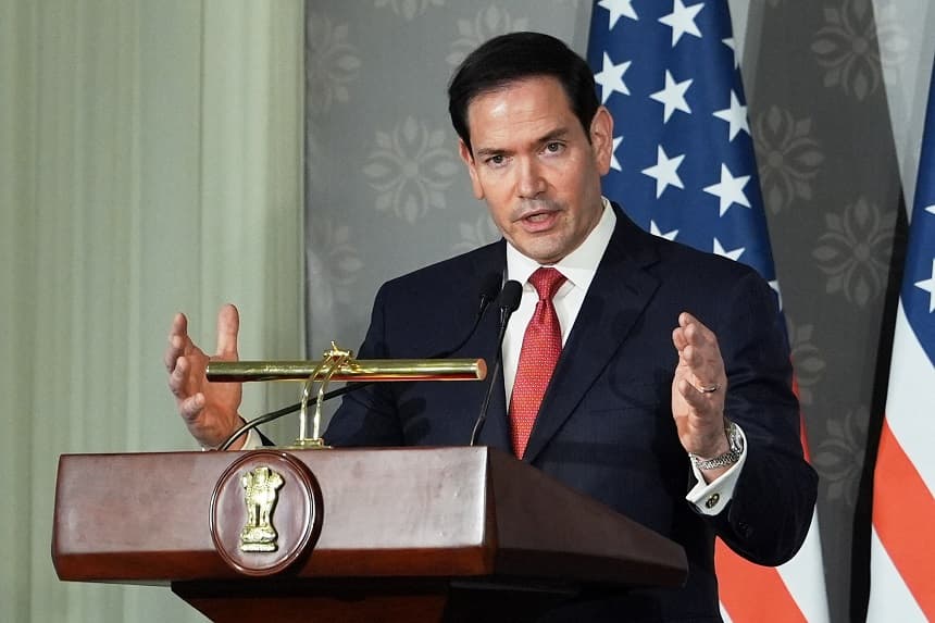 El secretario de Estado de EE. UU., Marco Rubio, interviene en una rueda de prensa conjunta con el ministro de Asuntos Exteriores de la India, Subrahmanyam Jaishankar (no aparece en la imagen), tras su reunión en la Hyderabad House de Nueva Delhi el 24 de mayo de 2026. (Julia Demaree Nikhinson / POOL / AFP vía Getty Images)