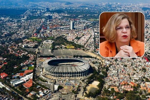 Vista aérea del Estadio Banorte, también conocido como Estadio Azteca, en obras de renovación de cara a la Copa Mundial de la FIFA 2026, en el Estadio Banorte, el 6 de enero de 2026, en la Ciudad de México, México. (Foto de Héctor Vivas/Getty Images); Interior: Imagen de archivo de la Secretaria de Salud de la Ciudad de México, Nadine Gasman. (EFE/ José Méndez)