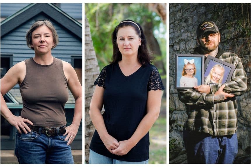A los padres (de izquierda a derecha) Jeanette Cooper, Alexandra Lyaschenko y Ryan Clarke les quitaron a sus hijos. (Nathaniel Smith para The Epoch Times, cortesía de Andrly Lyaschenko, Matt Wittmeyer para The Epoch Times)