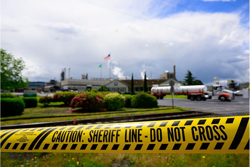 Se observa una cinta de seguridad frente a las instalaciones de Nippon Dynawave Packaging tras la implosión mortal de un tanque de almacenamiento de productos químicos, en Longview, Washington, el 26 de mayo de 2026. (Mathieu Lewis-Rolland/Getty Images)