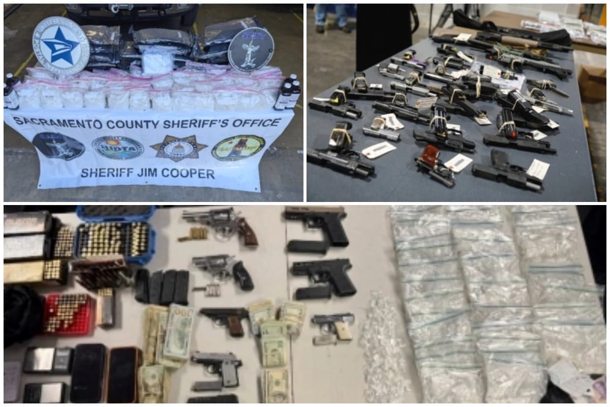 (Arriba a la izquierda) Drogas incautadas por la Oficina del FBI en Sacramento durante la Operación Limpieza de Primavera. (Arriba a la derecha) Armas incautadas por la Oficina del FBI en Filadelfia durante la Operación Limpieza de Primavera. (Abajo) Armas, drogas y dinero incautados por la Oficina del FBI en Los Ángeles durante la Operación Limpieza de Primavera. (Departamento de Justicia).