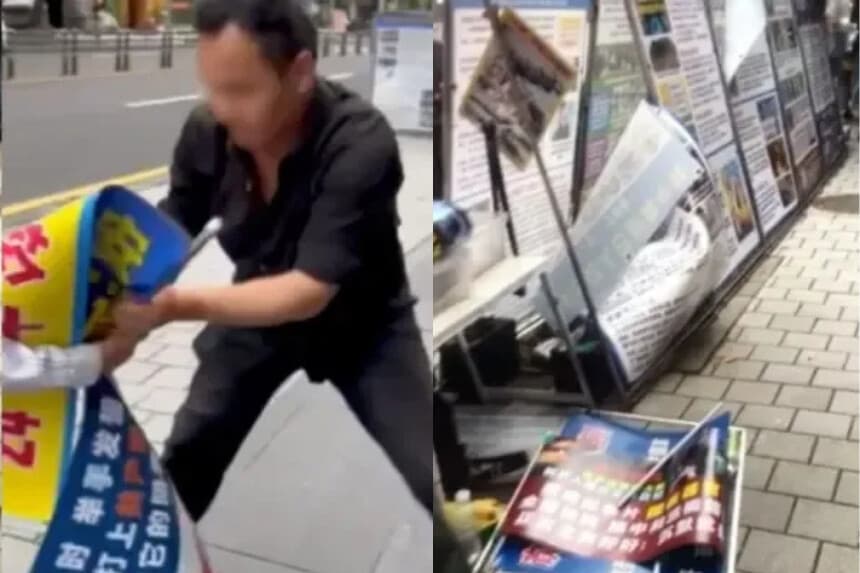 En una imagen fija de un video tomada en la isla de Jeju, Corea del Sur, el 2 de junio de 2026, un hombre vandaliza el puesto informativo de practicantes de Falun Gong. (Cortesía de practicantes de Falun Gong en Corea del Sur).