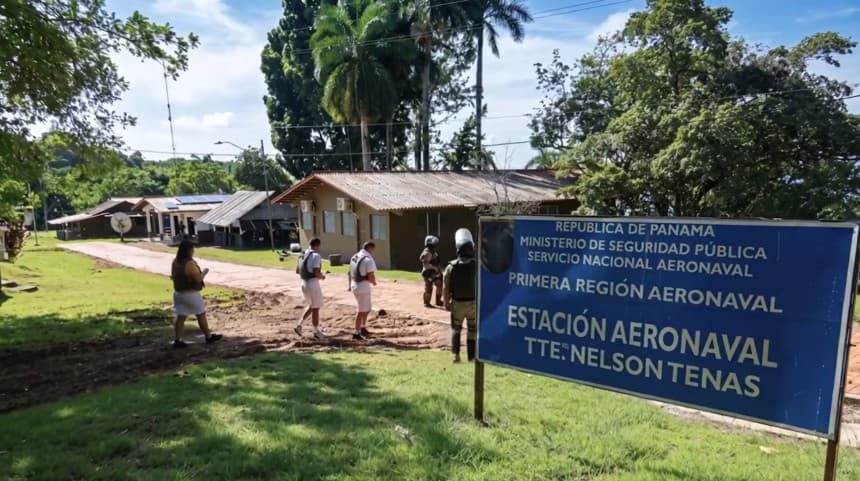 Captura de un video difundido este domingo por la Presidencia de Panamá de la estación del Servicio Nacional Aeronaval (Senan) donde fueron traslados 29 reos de alta peligrosidad, en la Isla Coiba (Pacífico de Panamá). (EFE/ Presidencia de Panamá)
