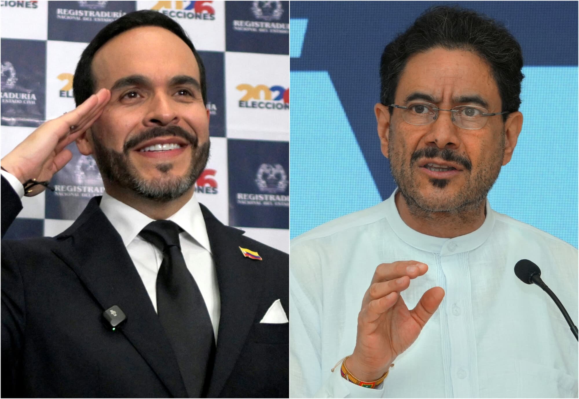 Esta combinación de imágenes de archivo, tomada el 16 de junio de 2026, muestra al candidato presidencial de Colombia, Abelardo de la Espriella (izquierda), durante la presentación de su fórmula electoral en la oficina de registro de Cali, en Colombia, el 12 de marzo de 2026, y al candidato presidencial de Colombia por el partido Pacto Histórico, Iván Cepeda, durante una conferencia de prensa en Barranquilla, Colombia, el 15 de junio de 2026. (JOAQUÍN SARMIENTO y Vanexa Romero / AFP vía Getty Images)